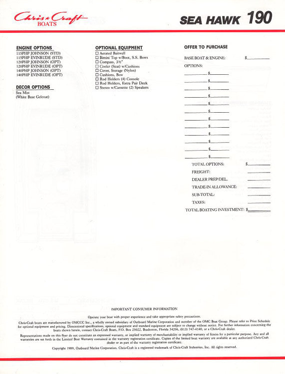 Chris Craft Sea Hawk 190 Brochure