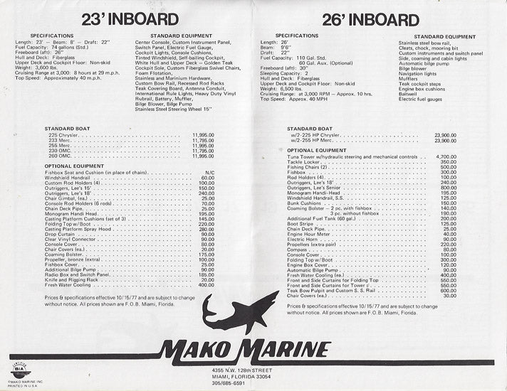 Mako 1978 Price List
