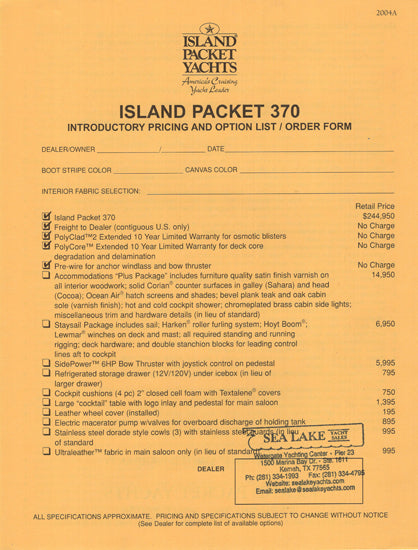 Island Packet 370 Specification Brochure