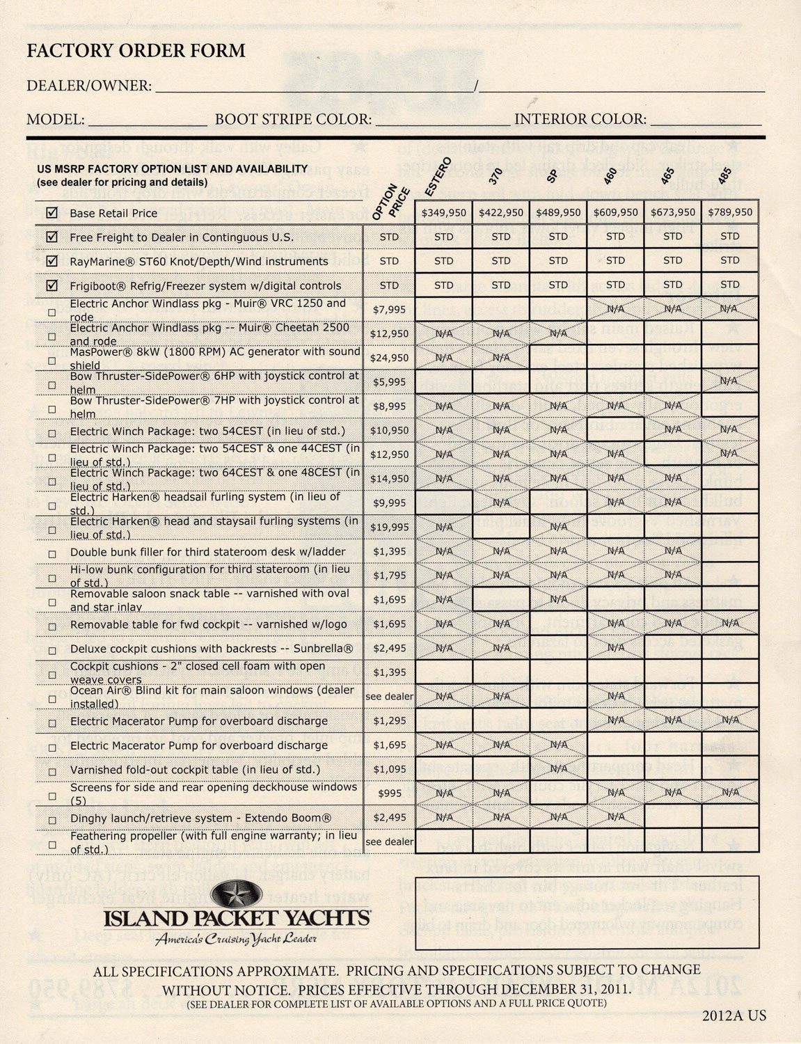 Island Packet 2012 Specification & Price List Brochure