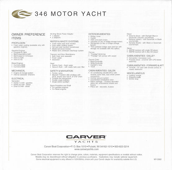 Carver 346 Motor Yacht Specification Brochure (2002)