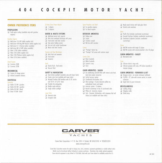 Carver 404 Cockpit Motor Yacht Specification Brochure (2001)