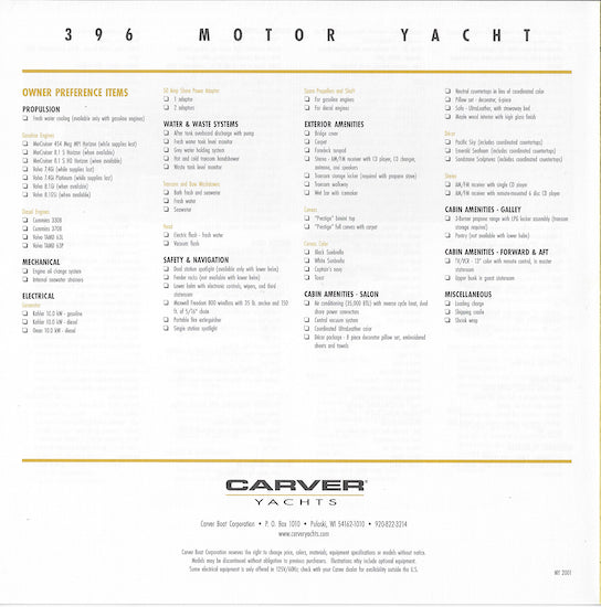 Carver 396 Motor Yacht Specification Brochure (2001)