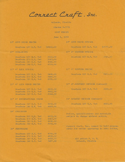 Correct Craft 1959 Price List