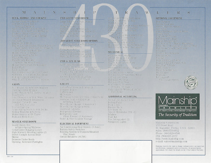 Mainship 430 Trawler Specification Brochure