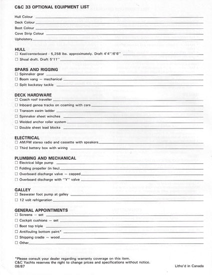 C&C 33 Specification Brochure