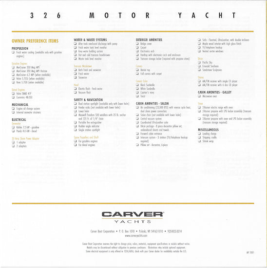 Carver 326 Motor Yacht Specification Brochure (2001)