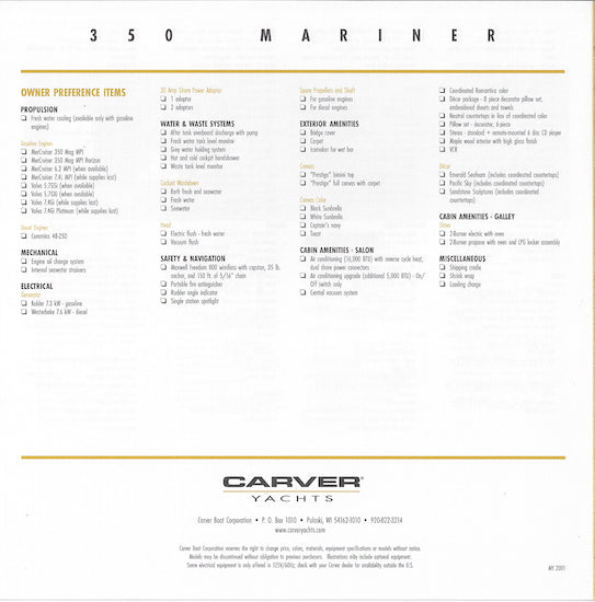 Carver 350 Mariner Specification Brochure (2001)