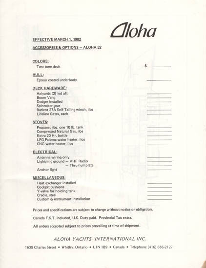 Aloha 32 Specification Brochure