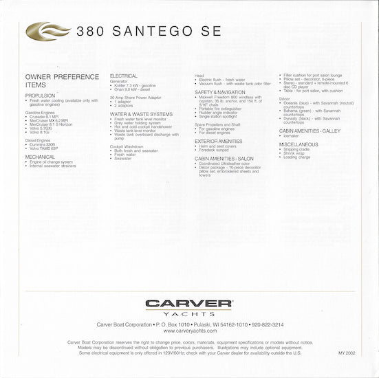 Carver 380 Santego SE Specification Brochure (2002)