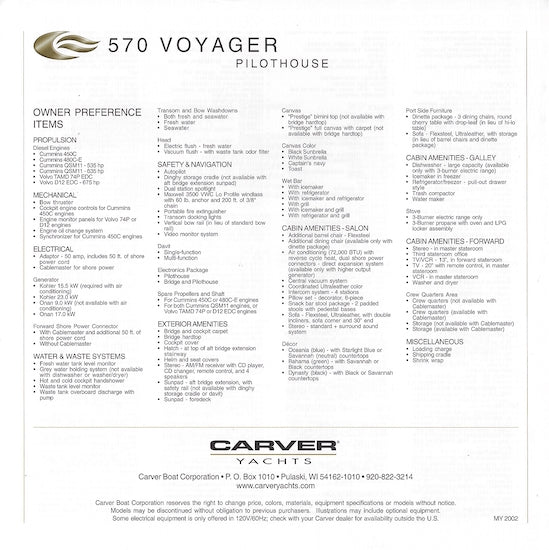 Carver 570 Voyager Pilothouse Specification Brochure