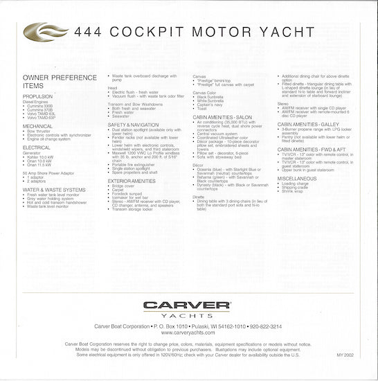 Carver 444 Cockpit Motor Yacht Specification Brochure (2002)