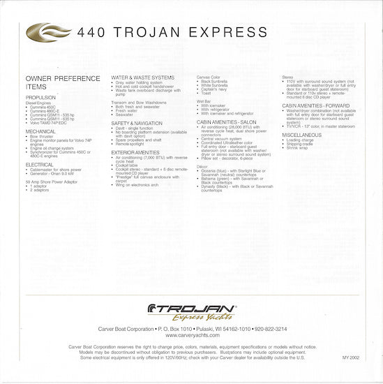 Trojan 440 Express Specification Brochure (2002)