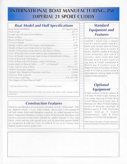 Imperial 21 Sport Cuddy Specification Brochure