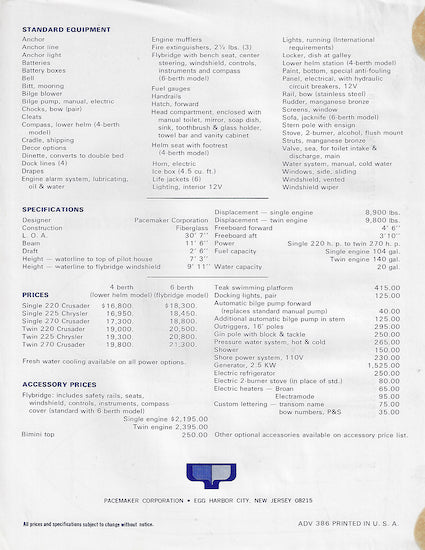 Pacemaker 30 Sport Fisherman Specification Brochure