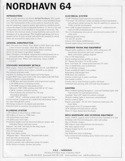 Nordhavn 64 Specification Brochure