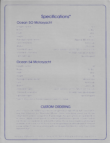 Ocean Alexander 50 & 54 Motor Yacht Specification Brochure