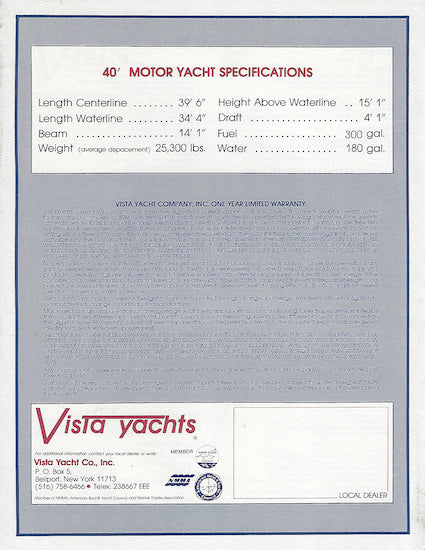 Vista 40 Motoryacht Specification Brochure