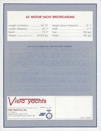 Vista 43 Motoryacht Specification Brochure
