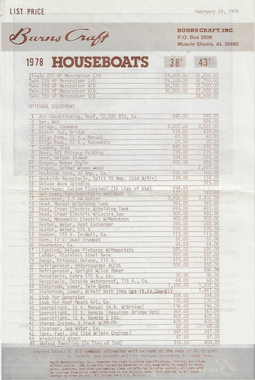 Burns Craft Houseboat 38 & 43 Order Form