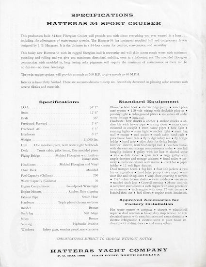 Hatteras 34 Convertible Specification Brochure