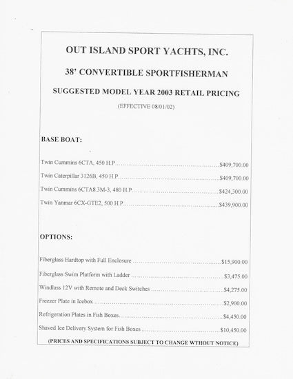 Out Island 38 Convertible Specification Brochure