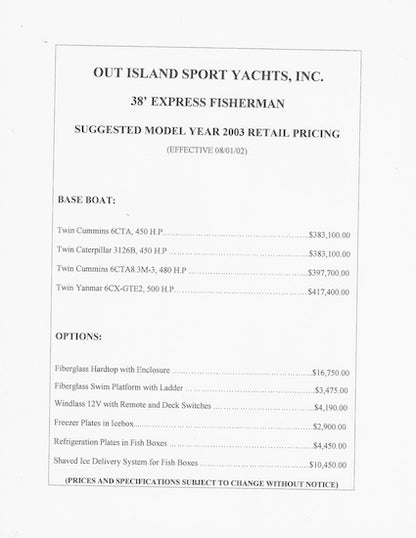 Out Island 38 Express Specification Brochure