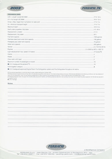 Pershing 76 USA Specification Brochure