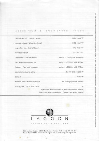 Lagoon 43 Power Specification Brochure