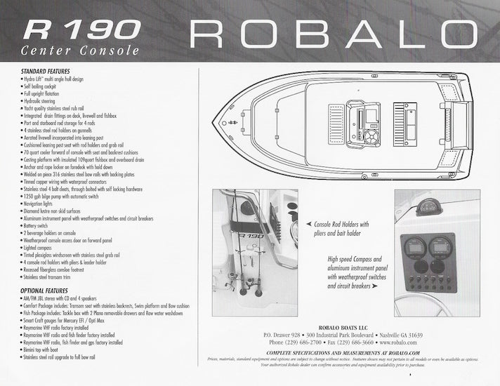 Robalo R190 Center Console Specification Brochure