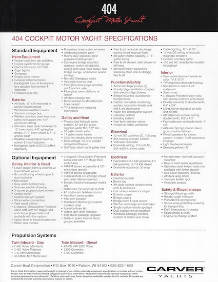 Carver 404 Cockpit Motor Yacht Specification Brochure