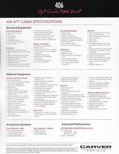 Carver 406 Aft Cabin Motor Yacht Specification Brochure