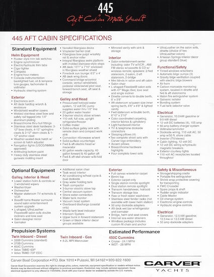 Carver 445 Aft Cabin Motor Yacht Specification Brochure