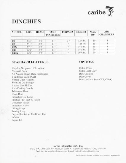 Caribe Dinghies Specification Brochure