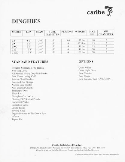 Caribe Dinghies Specification Brochure