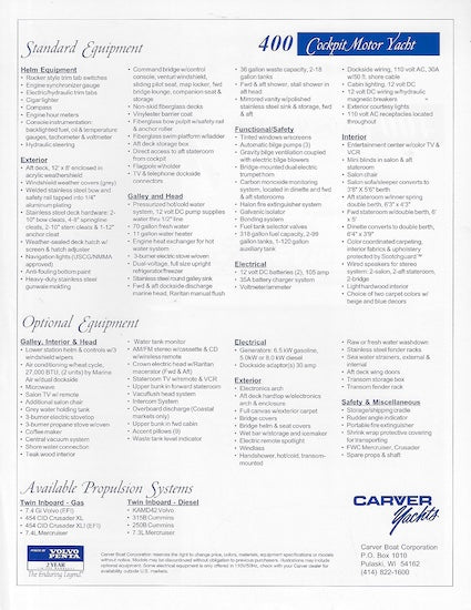 Carver 400 Cockpit Motor Yacht Specification Brochure