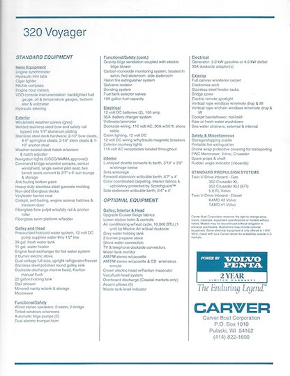 Carver 320 Voyager Specification Brochure