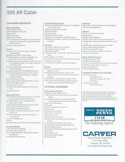 Carver 325 Aft Cabin Specification Brochure
