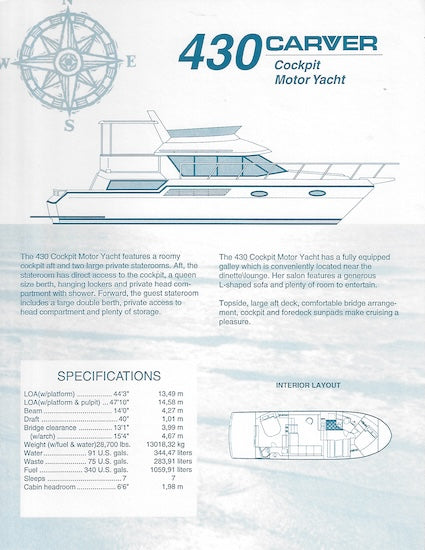 Carver 430 Cockpit Motor Yacht Specification Brochure