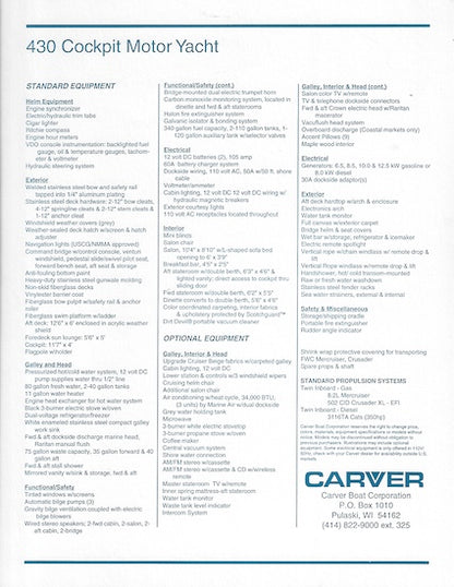 Carver 430 Cockpit Motor Yacht Specification Brochure