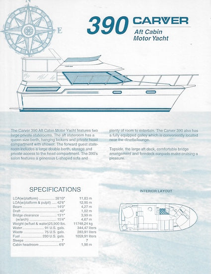 Carver 390 Aft Cabin Motor Yacht Specification Brochure