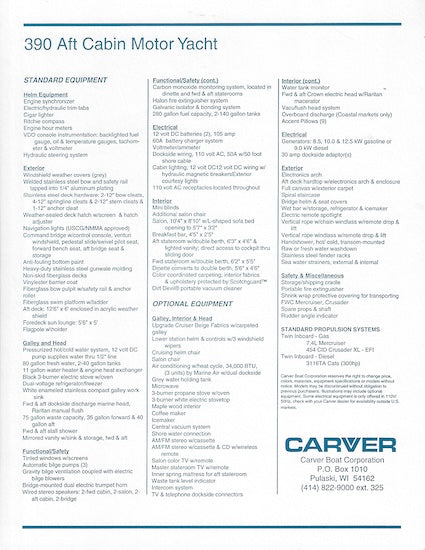 Carver 390 Aft Cabin Motor Yacht Specification Brochure
