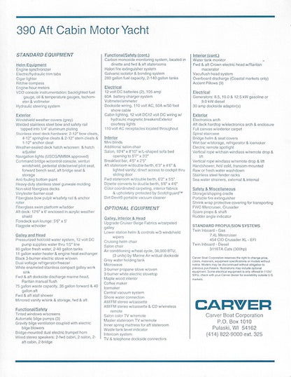 Carver 390 Aft Cabin Motor Yacht Specification Brochure