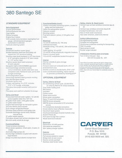 Carver 380 Santego SE Specification Brochure