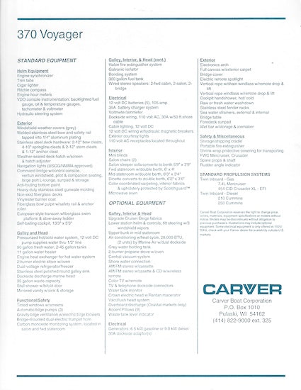 Carver 370 Voyager Specification Brochure