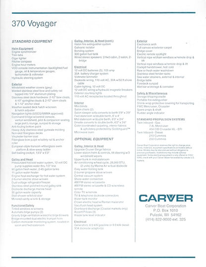 Carver 370 Voyager Specification Brochure