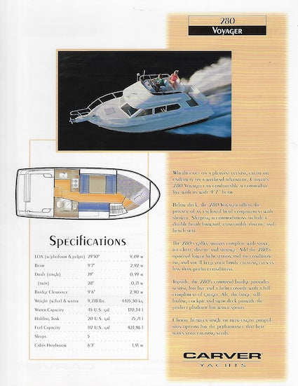 Carver 280 Voyager Specification Brochure