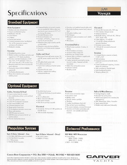 Carver 320 Voyager Specification Brochure