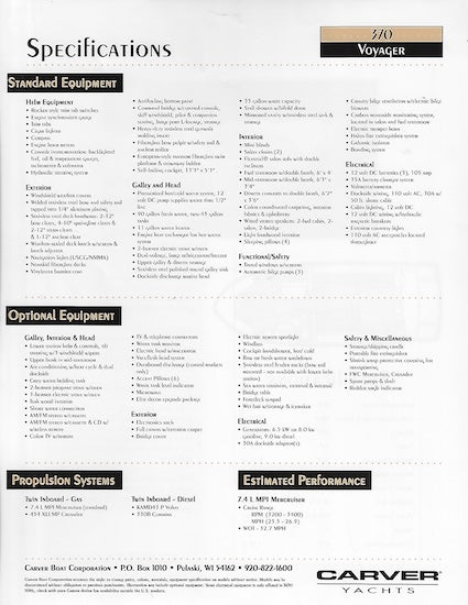 Carver 370 Voyager Specification Brochure
