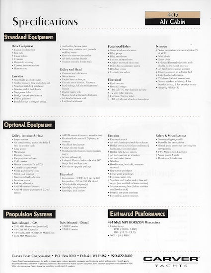 Carver 405 Aft Motor Yacht Specification Brochure